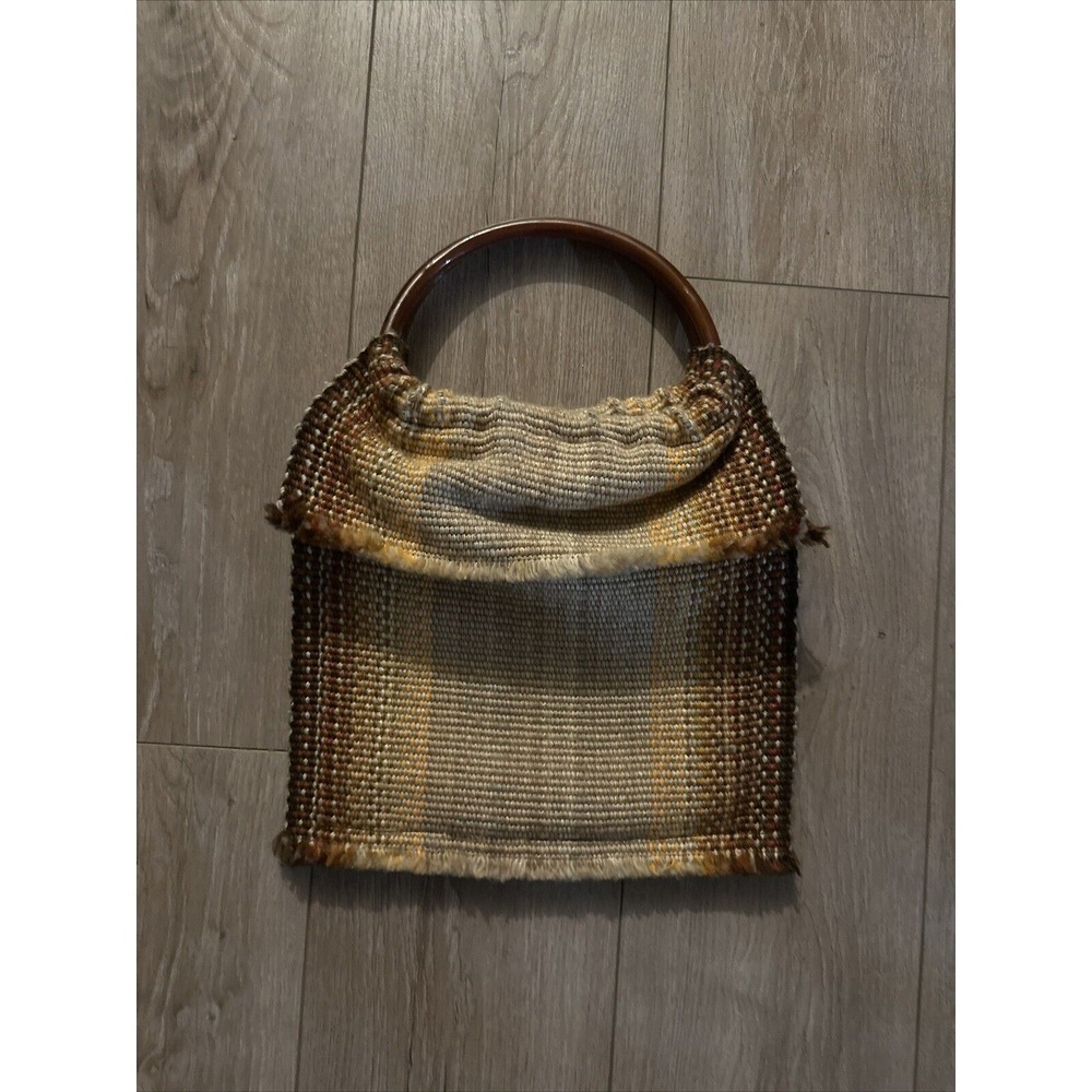 Vintage Knitted Purse Handmade Top Wood Handle Brown Beige Tan